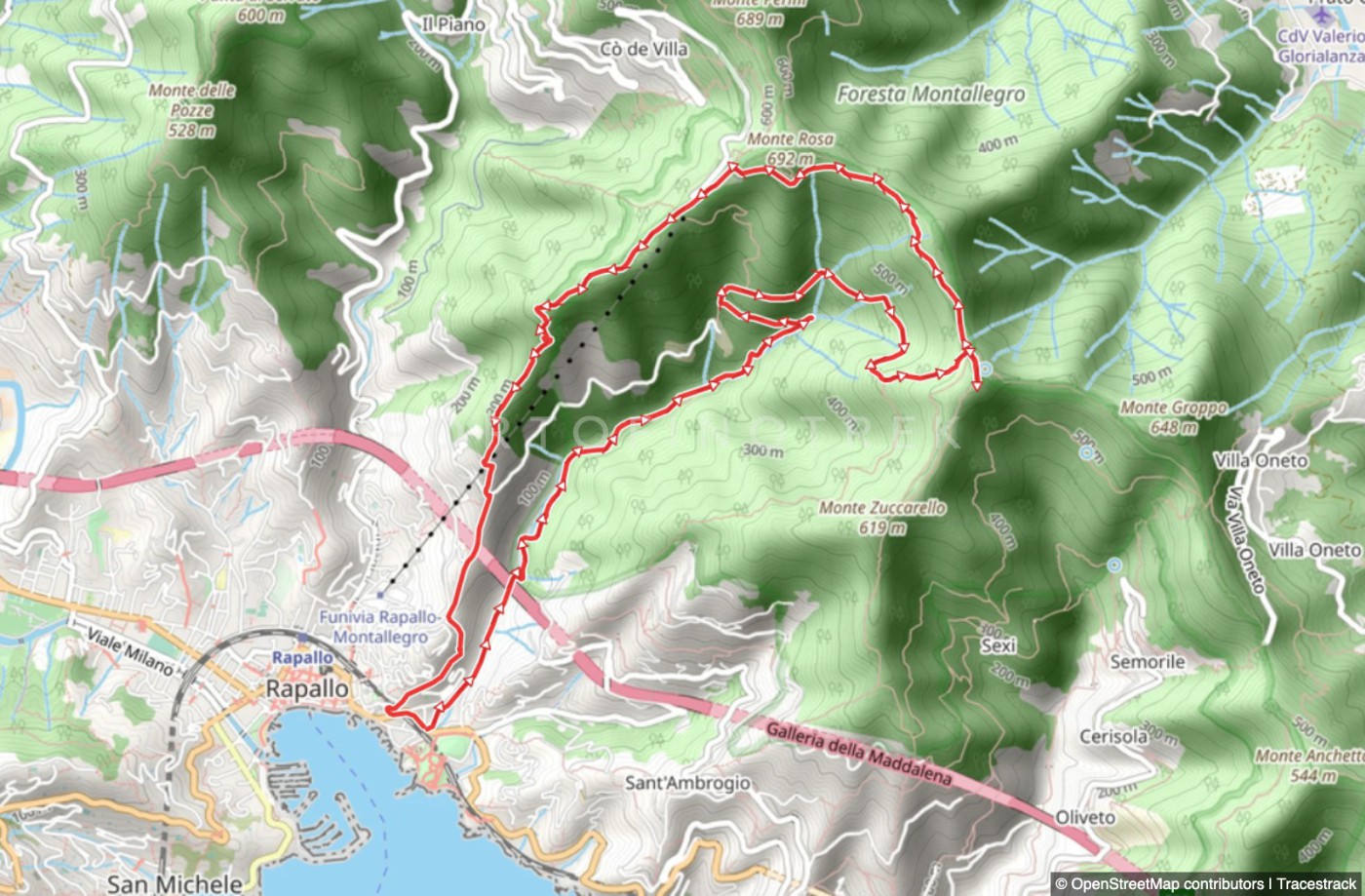 Rundweg von etwa 8 Kilometern von Rapallo nach Montallegro über Tuia